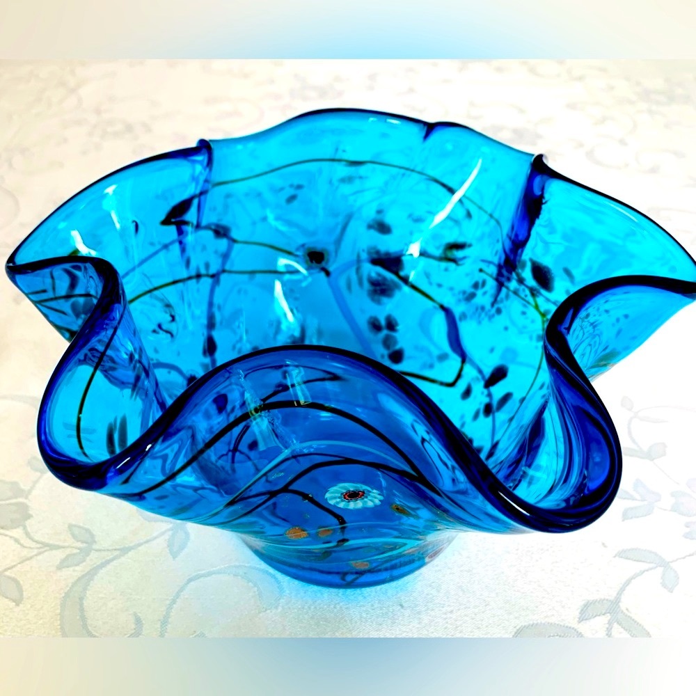 Turqoise blue art glass candy bowl center piece home decor shiny gold flowers